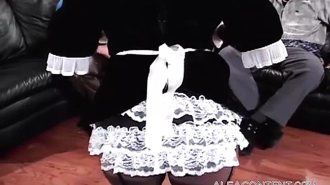 Dark-haired maid overwhelmed by two dicks