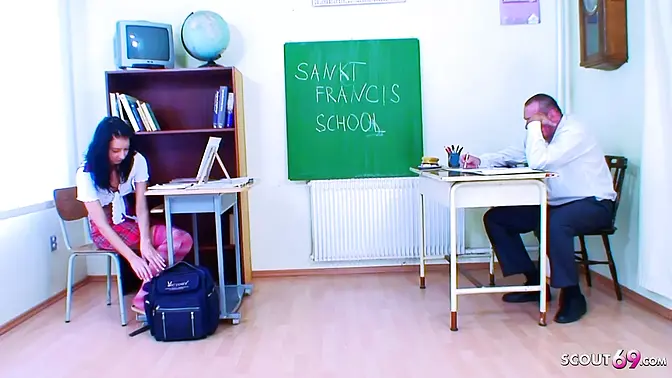 Mature teacher seduces 18-year-old virgin in the classroom