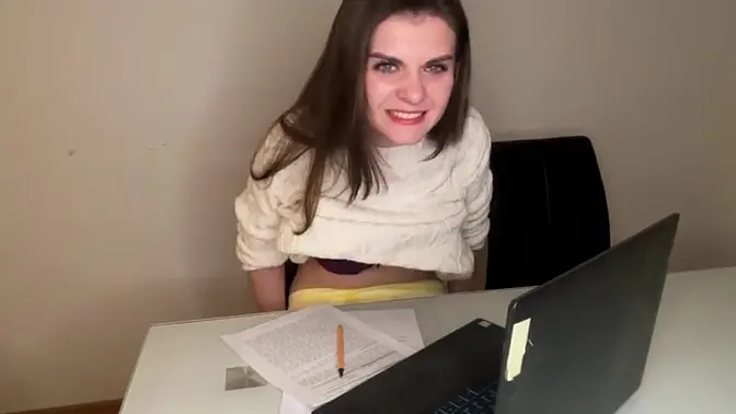 Office temptress shows off big tits and gets a hot cumshot