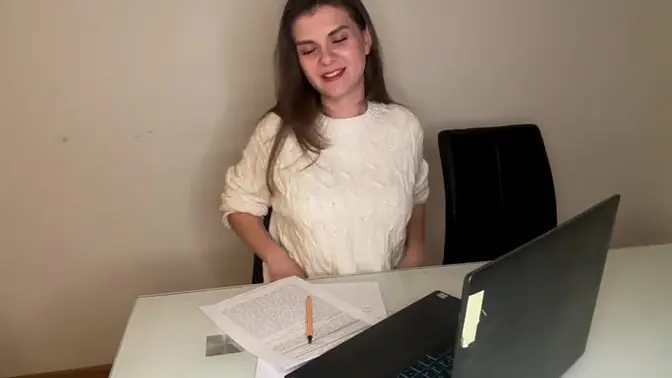 Office temptress shows off big tits and gets a hot cumshot