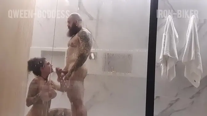 Sexy Latina babe gets a shower handjob and blowjob from her boyfriend