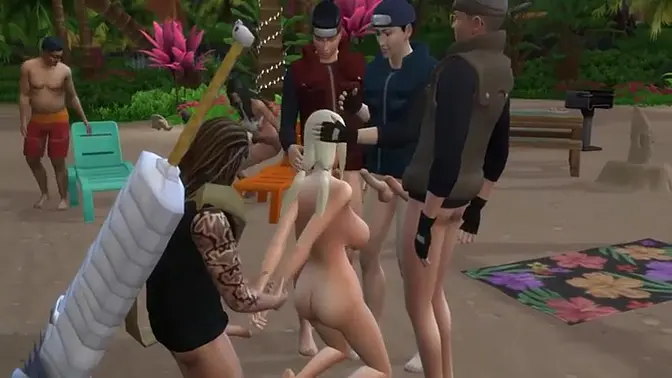 Beautiful anime lady Tsunade gets DP'd by enemy ninjas on the beach