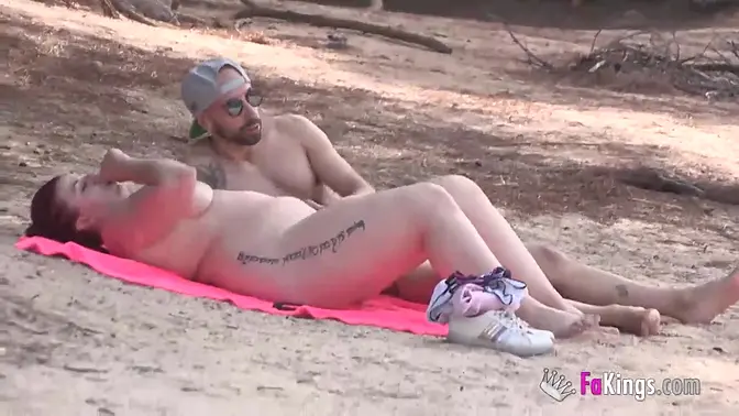 Chubby Spanish couple in amateur lakeside threesome