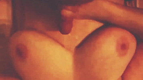 Fresh jizz dribbled down plump Oriental breasts