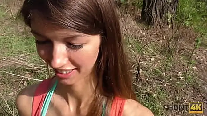 Tall blonde teen gives blowjob then gets doggystyle fucked in the woods