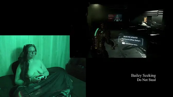 Big-titted brunette plays dead space 8, all naked