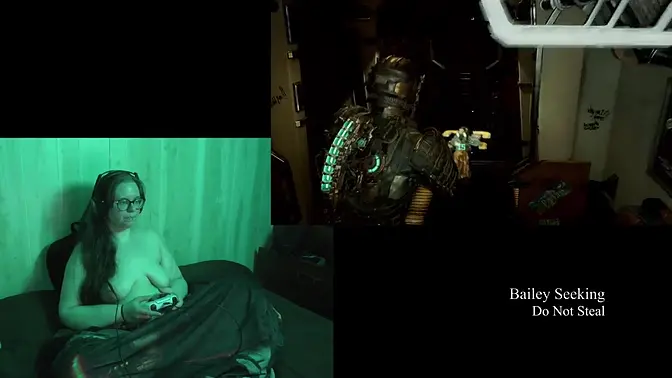 Big-titted brunette plays dead space 8, all naked