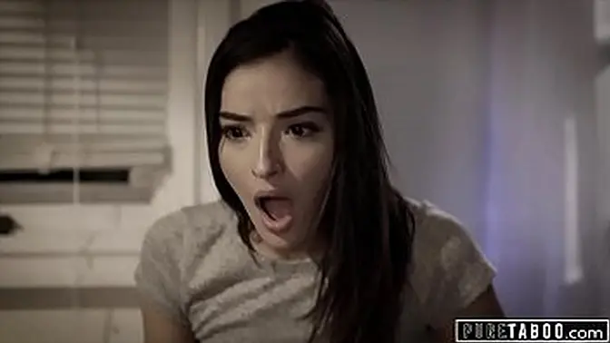 Petite brunette teen step-sister deepthroats step-uncle's big cock