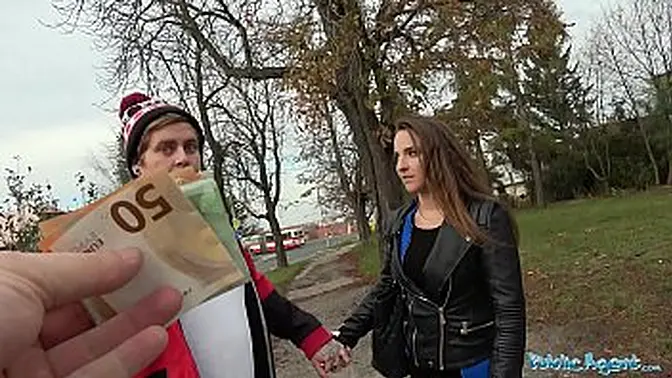 Brunette gets fucked by stranger in public while BF watches