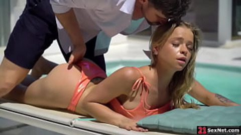 Dirty poolside escapade unfolds, blonde teen gets nasty, fingers, blowjobs, and anal👌 sex
