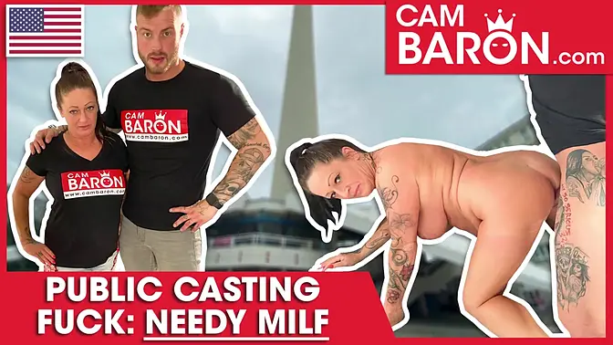 Tattooed German MILF Adrienne Kiss takes a big load in her mouth on a public fuck date