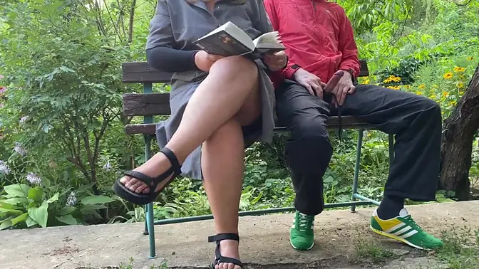 Chubby MILF gives huge load handjob in public