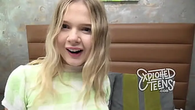 Petite blonde teen gives sloppy blowjob on casting couch