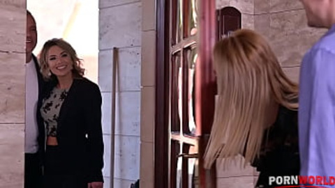 Blonde beauty ravaged by two studs in hot swinging party, bisexual babe dominates