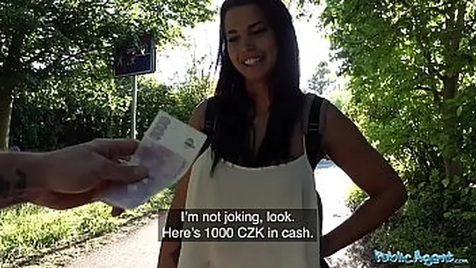 Big-titted brunette blows stranger's big dong outside