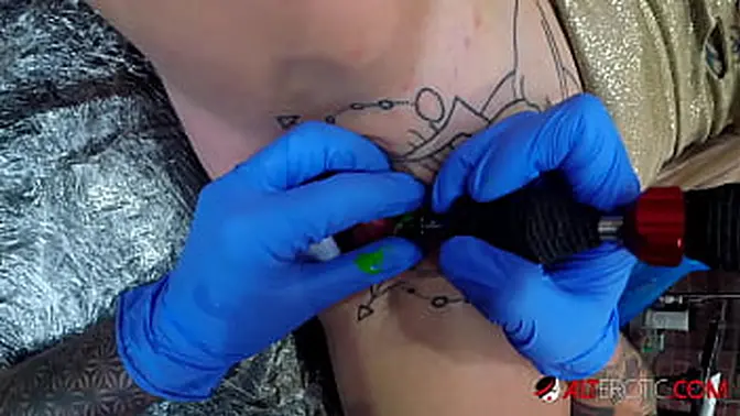 Tattooed blonde petite gets deepthroat and eats her clit