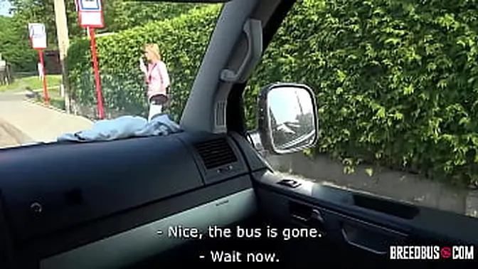 Sexy hitchhiker rides big cock on BreedBus