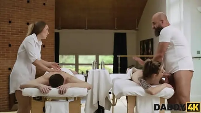 Daddy gets a handjob and blowjob from his cute stepsis