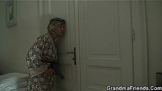 Old mature blonde swallows two young cocks