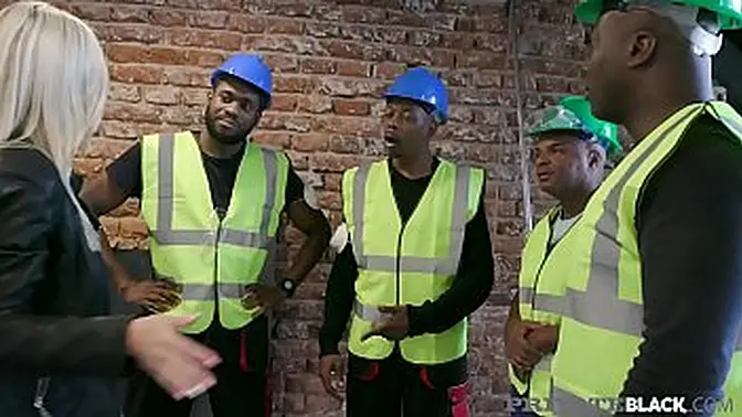 Big-titted blonde Nathaly Cherie gets 4 big black cocks in a dark gang bang