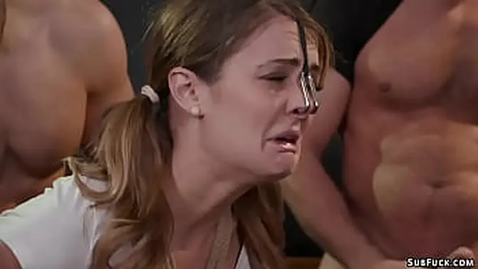 Young brunette slave gets double penetration and gangbanged in class