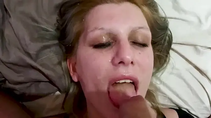 Blonde MILF swallows cum after deepthroat facial