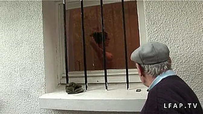 Pretty young brown-haired girl fucks an elderly pervert