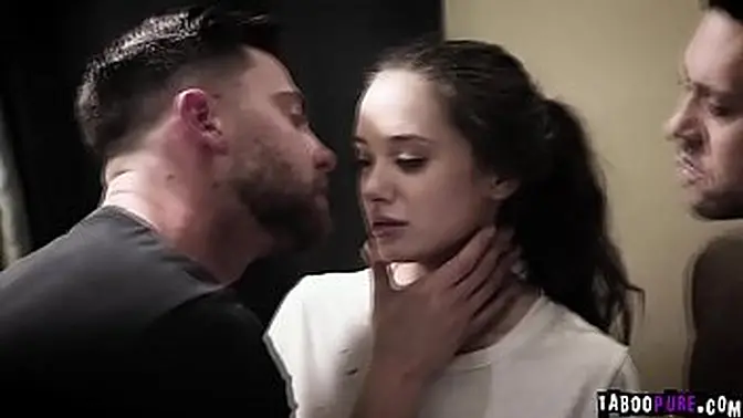 Cute brunette babe gets double penetration from two studs