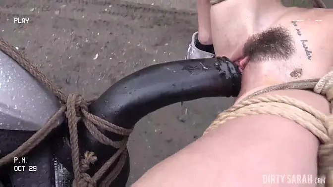 Dirty Sarah's tiny pussy stretched by giant black dildo