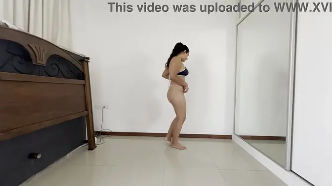 18yo Latina student shows off her big booty in a red thong