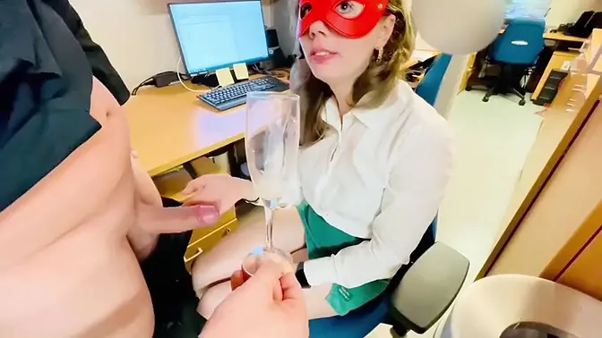 Naughty Teenage Secretary Sucks Boss's Sperm from Champagne Glass