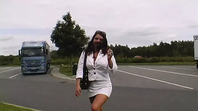 A fine German girl taking a BBC at the back of the car