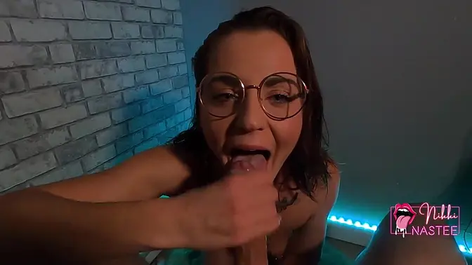 Fit babe with glasses gives a sloppy deepthroat blowjob