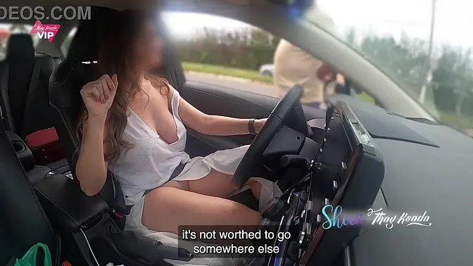 MILF teases in outdoor fruit stand, shows big natural tits and pussy