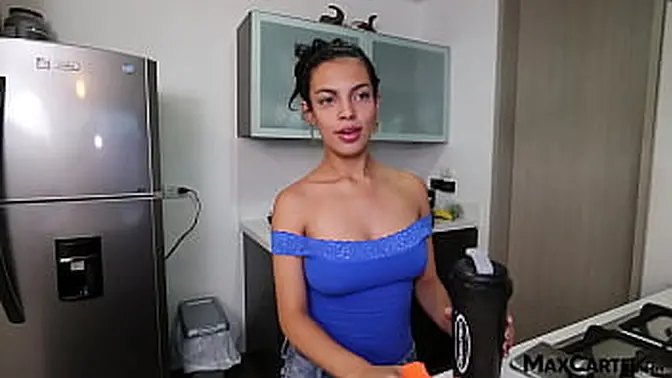 Petite Latina teen maid with big nipples gives blowjob POV