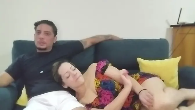 Erect and excited watching MILFs' anal session