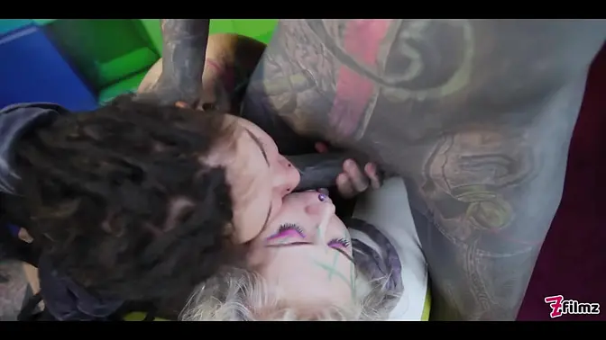 Two sexy tattooed girls gaping asses for a lucky dick