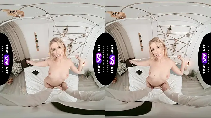 Glam blonde waits for dude in bed