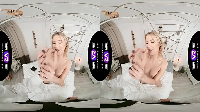 Glam blonde waits for dude in bed