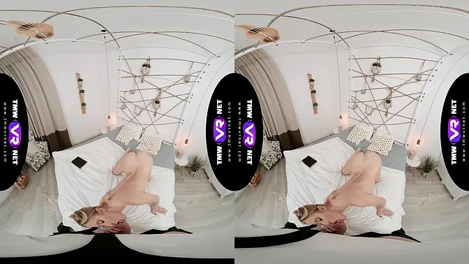 Glam blonde waits for dude in bed