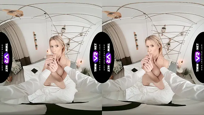 Glam blonde waits for dude in bed