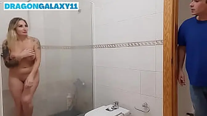 Stepson's temptation: MILF stepmother and busty stepson in a steamy shower