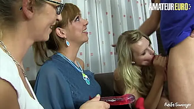 Blonde BBW gets rammed and licked in German foursome