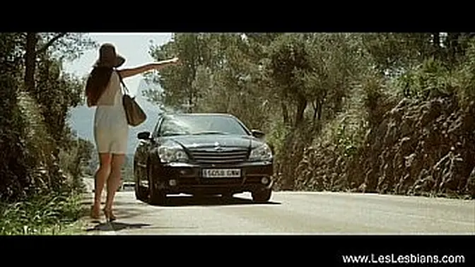 Two stunning European lovers hornyly kiss and lick each other outdoors