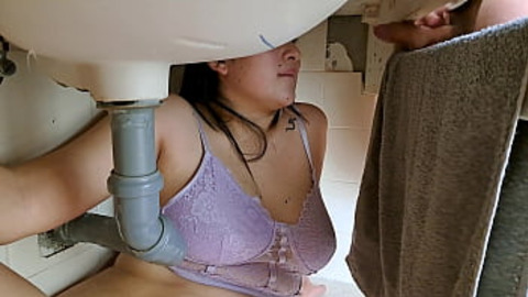 Stepsister receives cumshot through sink hole