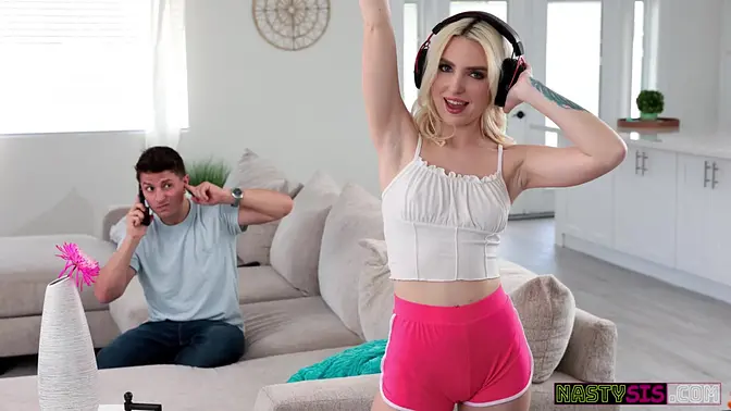 Petite blonde sister gives deepthroat and rides big cock