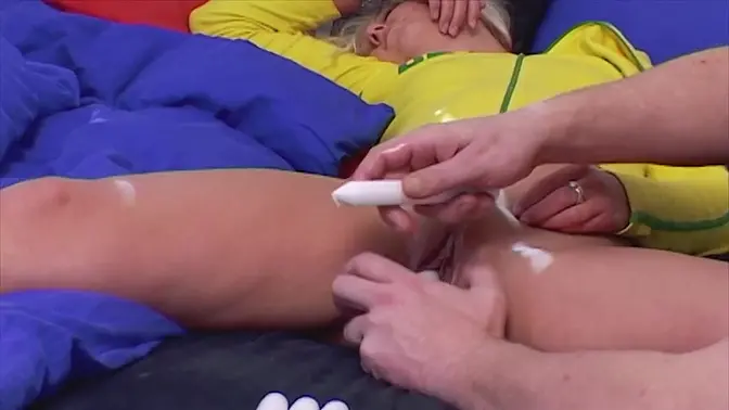 Blonde German babe's shaved pussy gets covered in sperm