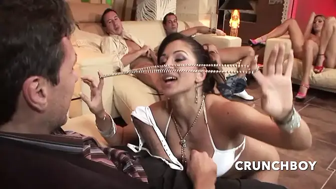 Barebacked babe takes nailed intense in gang bang