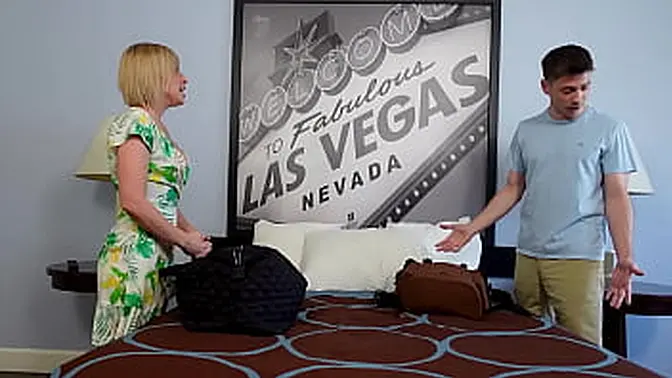 Hot MILF blonde seduces stepson in hotel bed