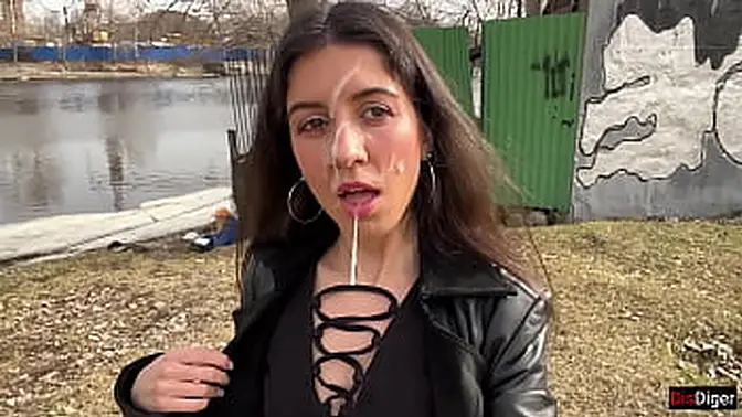 Sexy 18yo teen in leather boots gets huge cum facial in public park